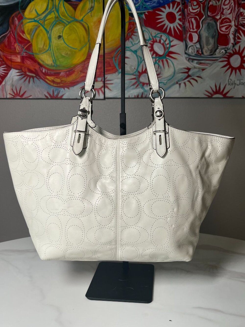 Coach Ivory Leather Op Art Perforated Tote Bag F16598 - Picture 3 of 15